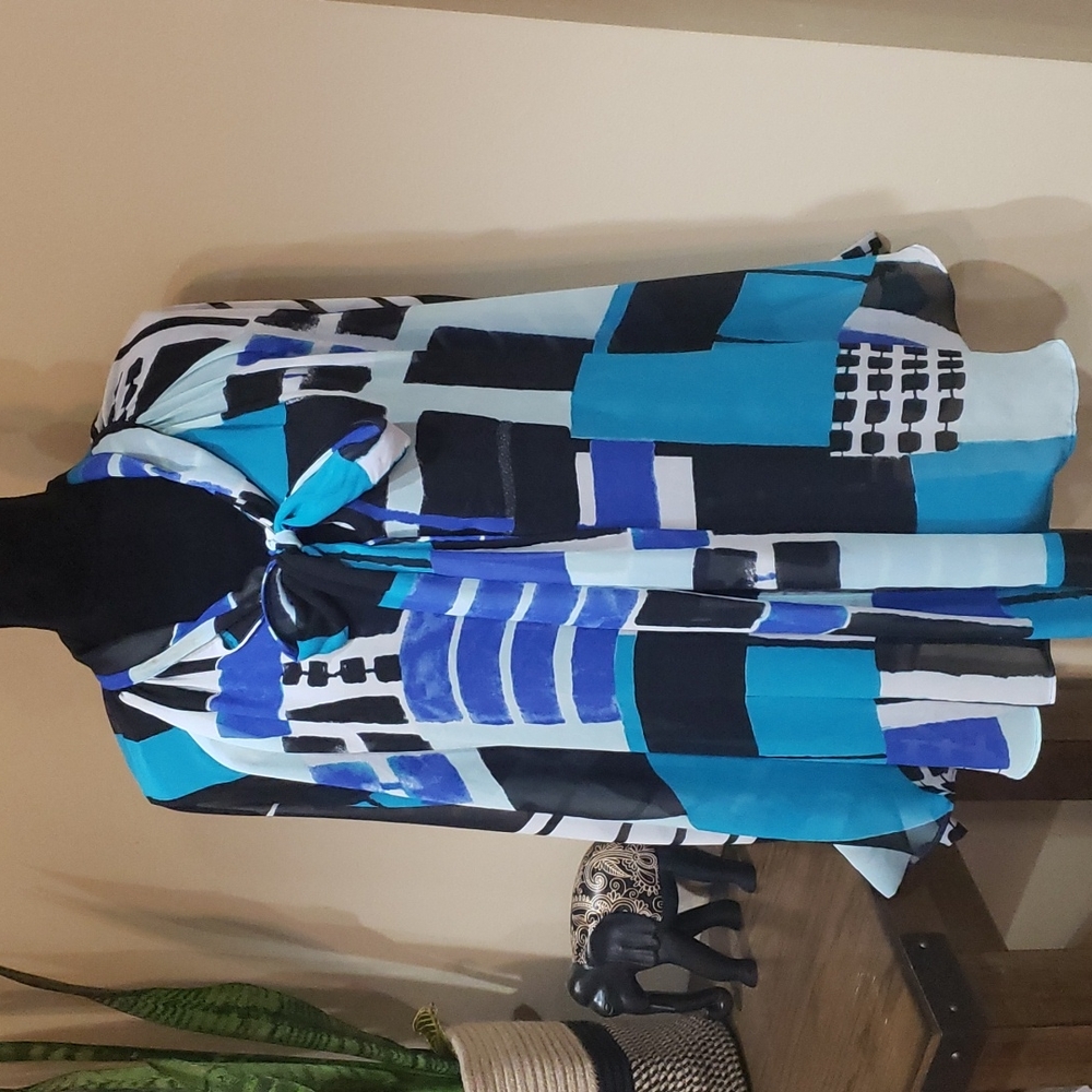 Blue & Black Tie Neck Blouse